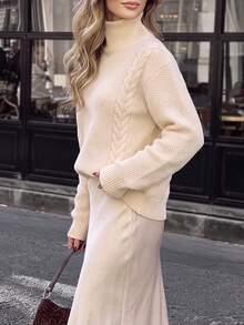 minisummer Women Fall Casual Cream High Neck Cable Knit Pullover, Textured Waffle Splice Loose Fit Long Sleeve Knitted Sweater - White - View 6