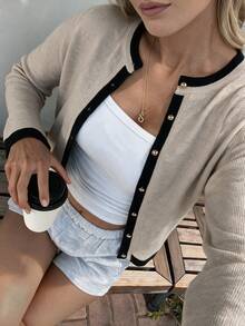 SEREN Women's Contrast Trim Button Knit Cardigan, Autumn/Winter Round Neck Long Sleeve Top, Regular Fit - Yan - View 4