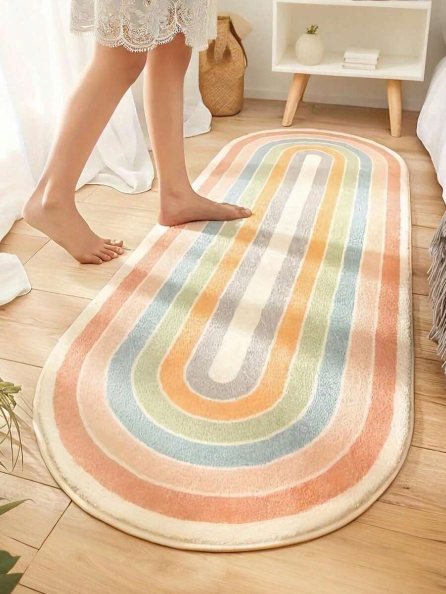1pc Plush Rainbow Striped Area Rug - Soft Machine Washable Carpet For Bedroom, Living Room And Home Decor - Multicolor - View 1