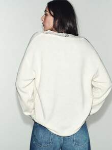 Women's Fashion Elegant Versatile Solid Color Lace Patchwork V-Neck Long Sleeve Casual Sweater - White - View 6