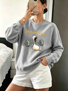 Plus-Size Women's Casual Sporty Crewneck Sweatshirt With A Fun Weightlifting Duck "If I Die, I Die" Slogan Graphic Print Perfect For Autumn And Winter - Grey - View 5