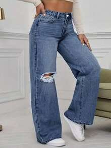 Plus Size Y2K Distressed Mom Fit Jeans For Women Extra Long Woven Non-Stretch Denim With Pockets, Vintage Grunge Style - Blue - View 5