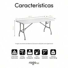 Mesa Plegable Portátil de Plástico de 1.80 m Tipo Portafolio, Mesa Rectangular con Asa para Interior y Exterior, Color Blanco - Negro - Ver 2