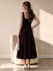 Women Elegant Sleeveless Dress Square Neck Velvet Ruffle Hem Clothes For Wedding Going Out Dating Fall Winter - Burgundy - View 4