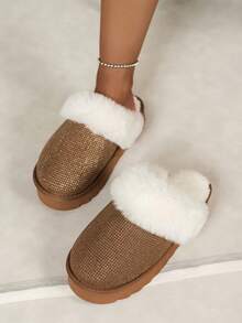 Women's Shiny Rhinestone Decor Casual Fashion Slippers, Closed Toe Thick Sole With Thermal Lining, Warm Soft Comfortable Indoor Home Leisure Slippers, Autumn/Winter - Brown - View 4