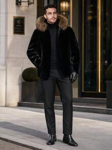 Men's Autumn/Winter Faux Fur Hooded Thick Coat - Black - View 2