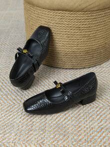 Women's Colorblock Handmade Low Heel Mary Jane Pumps, Super Soft Leather Shoes With Chunky Heel, Comfortable For Commuting, All Season - Black - View 6