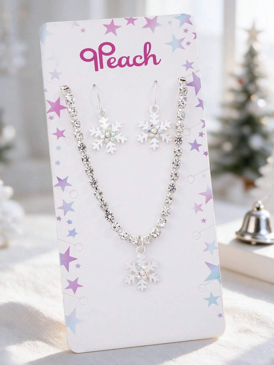 3pcs/Set Kids Snowflake Pendant Jewelry Set, Shiny Rhinestone Necklace And Drop Earrings, Holiday Dress Up Jewelry Gift For Little Girls - Multicolor - View 1