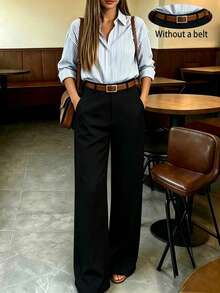 Women's Drapey Wide Leg High Waist Straight Leg Suit Pants, Versatile Slimming For Autumn/Winter - Black - View 1