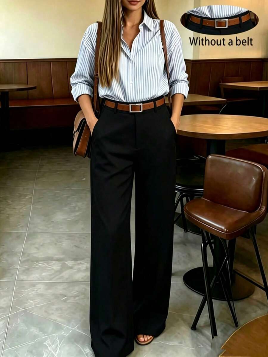 Women's Drapey Wide Leg High Waist Straight Leg Suit Pants, Versatile Slimming For Autumn/Winter - Black - View 1