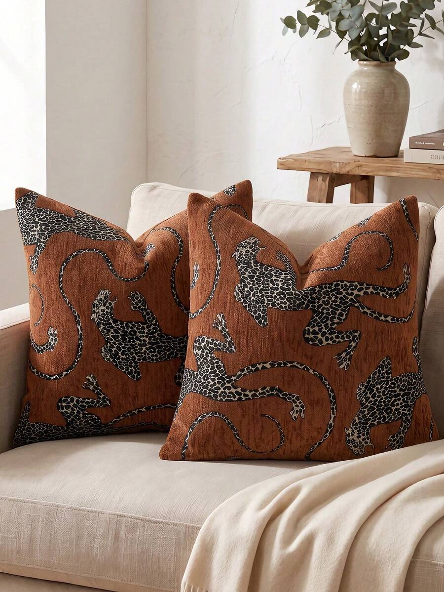 1pc/2pcs Rust (No Insert) Animal Pattern Cushion Cover, Fashionable Vintage Comfortable Leopard Pattern Chenille Pillowcase, Suitable For Daily Home Decor, Sofa, Bed, Bedroom, Gift, Holiday Decoration, Spring Summer Autumn Winter, All Seasons