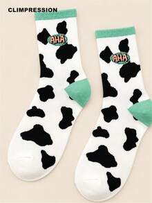 CLIMPRESSION Women's Cute Cow Print Boat Socks, White & Black Cow Print With Lettering, Fashion Pink Cuff Casual Cotton Mid-Calf Socks, Creative Everyday Socks - Pink - View 4