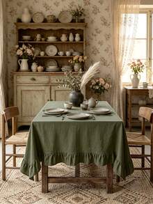 1pc Solid Color Vintage Style Ruffle Edge Dust-Proof Tablecloth, High-End Feel, Lightweight And Breathable, Suitable For Dining Room, Living Room, Bedroom - Army Green - View 1