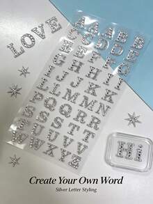 1pc Silver Rhinestone English Letter Decorative Stickers, Colorful English Letter Diamond 3D Stickers, Full Set Of 26 Hollow Rhinestone Letters With Tweezers, Self-Adhesive Backing, Phone Decoration Stickers, Laptop Decoration Stickers, Compatible With Phone Cases, Earphone Boxes, Tablets, Laptops, Headphone Shell Decoration Stickers - Letter Design - View 2