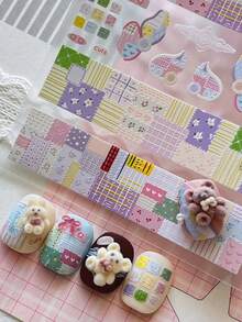 1 Sheet Embossed Patchwork Grid Nail Stickers, Cute Cartoon Plaid Heart Floral Self-Adhesive Nail Decals, Autumn Winter Sweet Nail Art Decorations - Multicolor - View 4