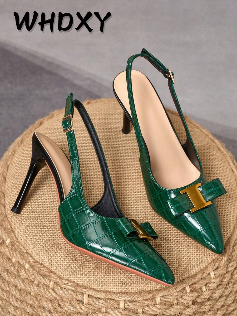 2026 New Premium Bright Green Stone Texture Closed Toe Slingback Pumps For Women, Elegant Bow Metal Buckle Stiletto High Heels, Suitable For Commuting, Banquet, Date, Party
