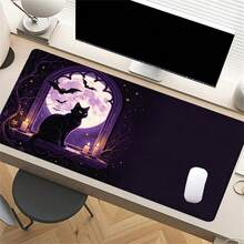 Halloween Gothic Purple Full Moon Large Rubber Desk Mat, Black Cat Bat Candle Window Pattern Extended Gaming Mouse Pad, Non Slip Rubber Base Table Protector For Laptop Computer, Mystic Witchy Halloween Desktop Decor Gift - View 2