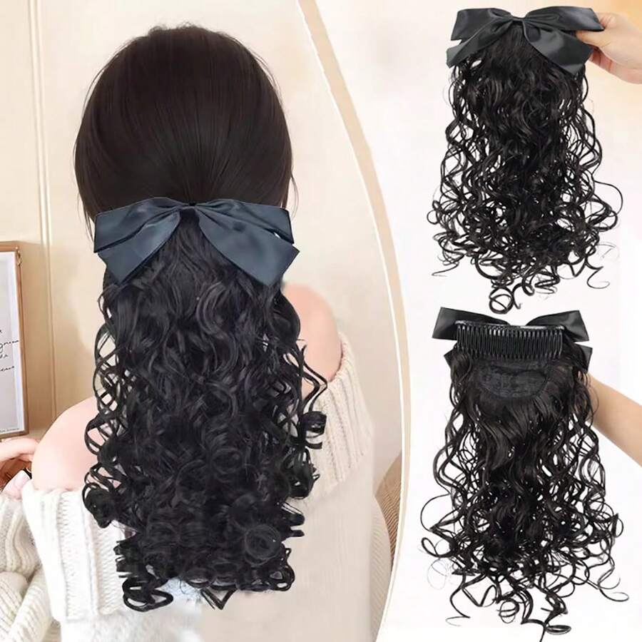 New Short Curly Bow Hair Comb Clip Wig For Women, Vintage Small Wave Pear Curl Faux Ponytail Hair Accessory - Black - View 1