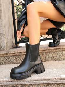 2026 Chelsea Boots Slip-On Fashion Ankle Boots Thick Sole New Autumn/Winter Women's Boots Patchwork Short Shaft Back Pull Tab Ankle Boots - Black - View 5