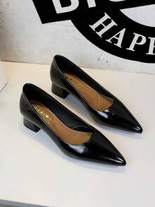 BIGTREE European & American Minimalist Pointed Toe Chunky Heel Pumps, Versatile Low Vamp Slip-On Comfortable Commuter Mid-Heel High Heels For Women - Black - View 3