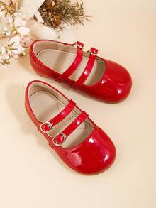Elegant And Cute Mary Jane Flat Shoes For Little Girls And Middle Girls, Suitable For Indoor Parties And Events In Autumn And Winter, Perfect For Matching With Dresses - Red - View 3