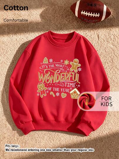Kids Crew Neck Sweatshirt, Gingerbread Man Christmas Letter Print, Thickened Long Sleeve Red Pullover For Boys Girls