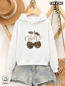 Kids Hoodie: Leopard Cherry Print & 'Cherry' Text, Loose Fit, Breathable & Comfortable, Casual Cute Style For Spring/Autumn Daily Wear & Outdoor - White - View 2