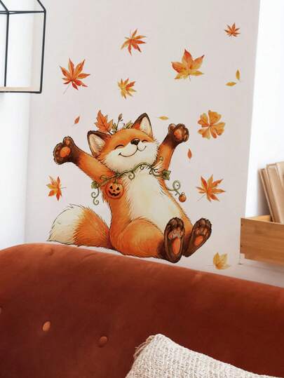 2 Estilos de Calcomanías de Pared para Guardería, Erizo de Otoño & Zorro con Calabaza y Hoja de Arce, Pegatinas Autoadhesivas para Pared, Decoración del Hogar, Arte de Pared para Dormitorio de Niños y Niñas