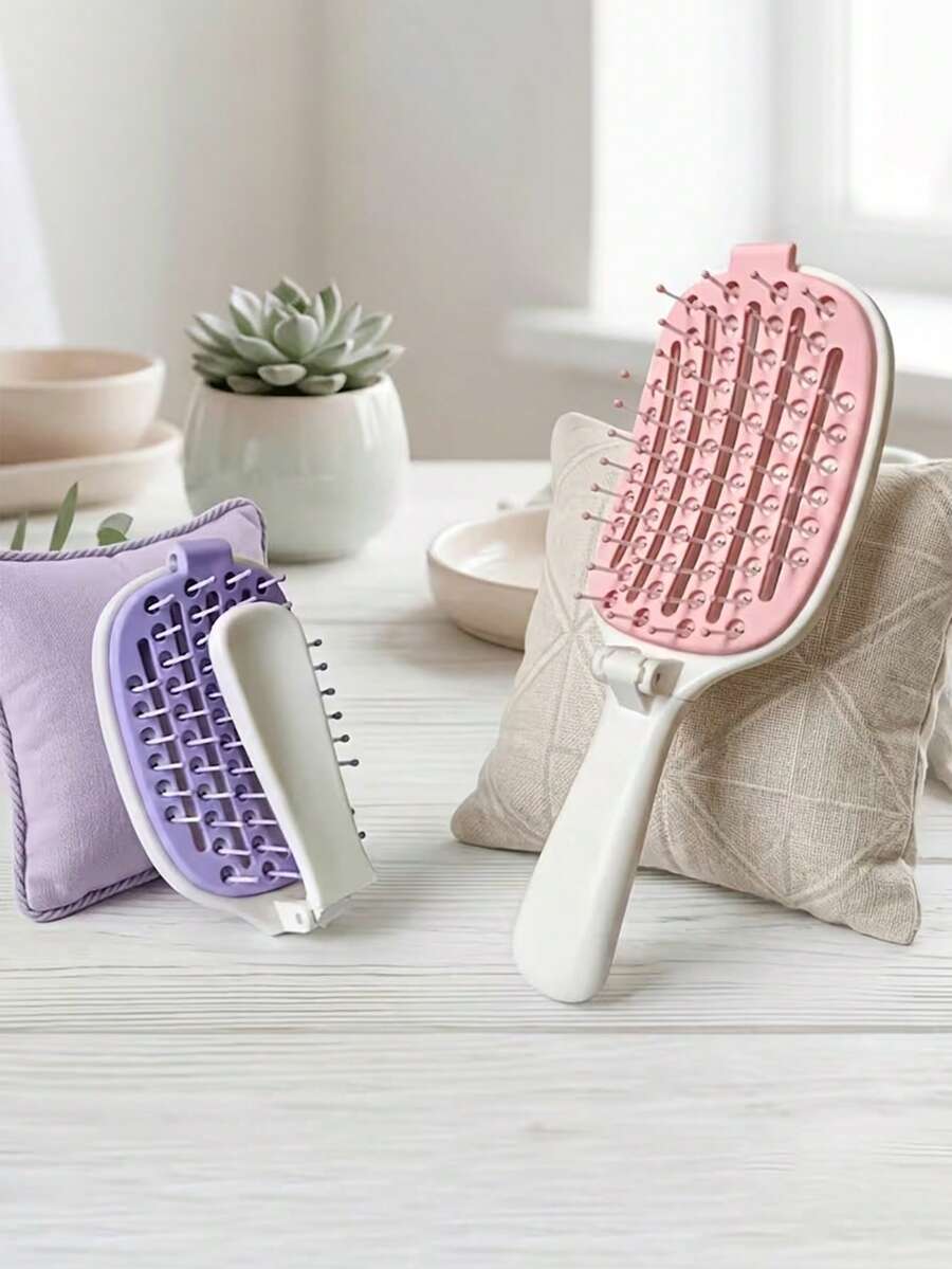 1pc Folding Ribbed Single-Sided Oval Hairbrush, Dry And Wet Dual Use, Automatic Cleaning Smoothing Hair Comb, With Scalp Massage Function - Multicolor - View 1