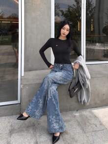 YEAE | 女款休閒長版直筒牛仔褲，附鈕扣、拉鍊與口袋，無彈力布料，藍色水洗，度假秋季款 - 淺色水洗藍 - 查看 5