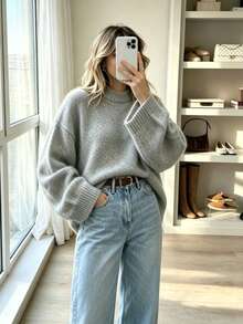 Women's Loose Drop Shoulder Round Neck Knit Sweater, Long Sleeve Solid Grey Oversized Casual Everyday Pullover - Grey - View 1
