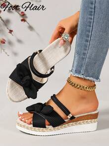 Foot Flair 女款黑色楔形厚底露趾涼鞋，波希米亞風，百搭大尺碼夏季海灘度假款 - 黑色 - 查看 3