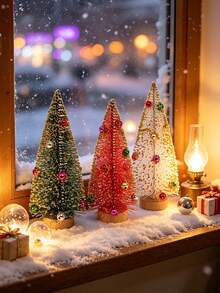 6pcs Set Artificial Three-Color Bell Christmas Tree, Bottle Brush Christmas Tree With Wooden Base, Christmas Decoration, Christmas Party Home Desktop Handmade Decor, Winter Holiday Decoration, Christmas Table Centerpiece - Multicolor - View 6