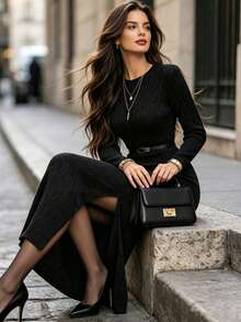 DONICY Women's Black Round Neck Textured Pleated Long Sleeve Mid-Length Dress, Slim Fit Elastic Elegant Bodycon Dress, Suitable For Spring/Autumn Daily Wear And Winter - Black - View 1