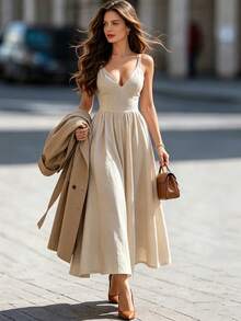 DONICY Women's Beige V-Neck A-Line Mid-Length Slip Dress, Casual Vacation Wear - Khaki - View 1