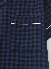 2pcs Women's Comfortable Plaid Print Short Sleeve Collared Top And Bow Shorts Pajama Set - Blue - View 4