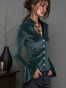 Women's Autumn Velvet Striped Slim Fit Blazer, V-Neck Lace Trim Long Sleeve Jacket With Gold Buttons - Teal Blue - View 3