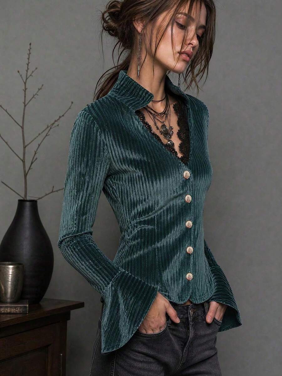 Women's Autumn Velvet Striped Slim Fit Blazer, V-Neck Lace Trim Long Sleeve Jacket With Gold Buttons - Teal Blue - View 1