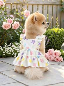 Pet Floral Lotus Leaf Ruffle Back Strap Dress, Back Design, Teddy Bear Panda Cat Cute Little Dress For Outings And Photos - White - View 13