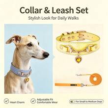 2pcs Luxury Heart-Shaped Rhinestone Pendant Dog Collar & Leash Set, Leather Pet Collar With Matching Color Dog Leash, Adjustable Buckle Cute Princess Style Dog Walking Set, Suitable For Small And Medium Dogs, Durable Pet Accessories For Outdoor Walks And Holiday Dress-Up - Multicolor - View 2