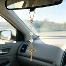 1pc. Rhinestone Cross Car Pendant, Cut Crystal Beads With Golden Chain, Protecting Your Every Journey, Bag And Home Dual Use Holiday Gift - Cross - View 7