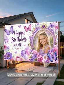 1pc Customizable Photo & Name Butterfly Theme Happy Birthday Backdrop, Pink & Purple Gradient Butterfly Floral Heart Gem Sequin Balloon Gift Box Decor Design, Suitable For Theme Birthday Party Cake Smash Background Photography Prop Vinyl - Light Purple - View 5