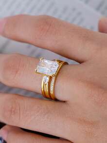 3pcs S925 Sterling Silver Vintage Romantic Rectangular Moissanite 3.5CT Stackable Rings For Women, Daily, Wedding, Beach, Vacation, Travel Accessories - Gold - View 2