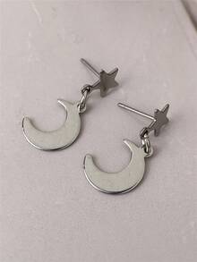 1 Pair Stainless Steel Punk Style Star & Moon Earrings, Minimalist & Compact, Suitable For Daily Wear And Party, Casual Fashion Accessory - Silver - View 6