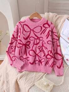 Girls' Elegant Bow Pattern Faux Mink Fur Knit Pullover Sweater, Suitable For Casual Daily Wear In Spring, Autumn, And Winter - Pink - View 3