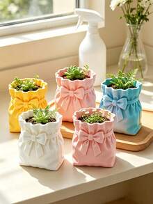 3D Printed Pleated Fabric Bag Shaped Planter With Bowknot, Minimalist Creative Desktop Potted Plant Container, Succulent And Small Green Plant Decorative Flower Pot - B - View 9