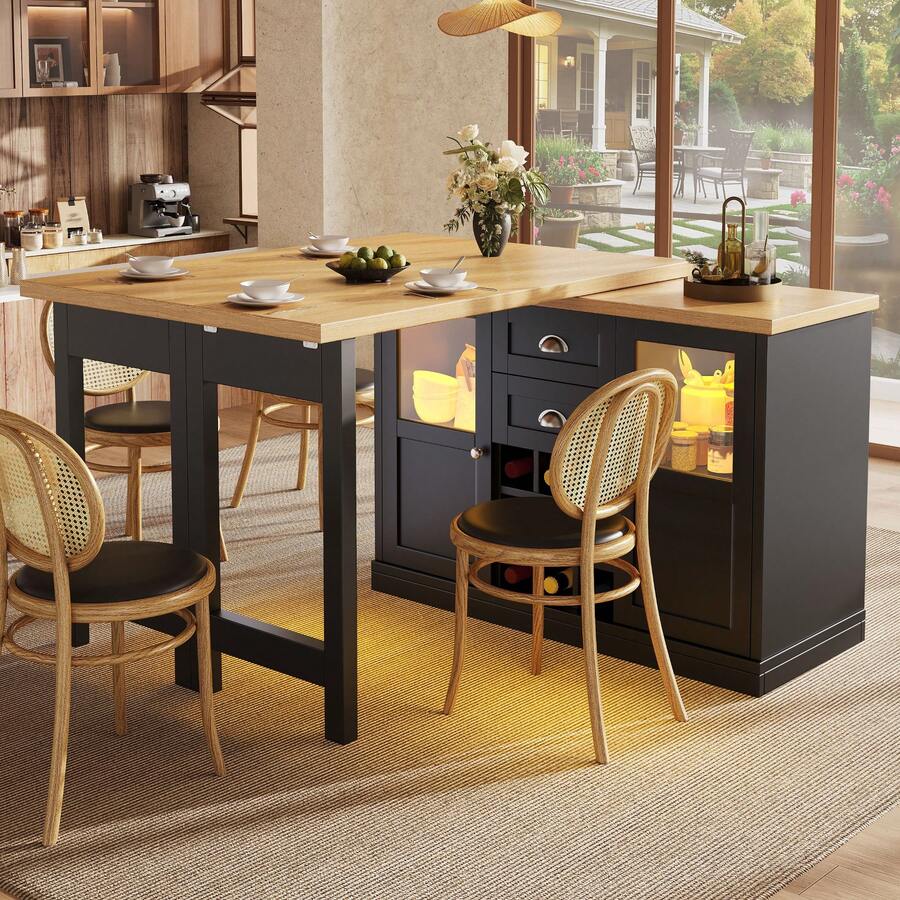 Flieks Extendable Sideboard With LED Lights, 120-197cm Adjustable Dining Table With Storage, 2 Drawers & Glass Cabinet Doors, White/Black - Black - View 1