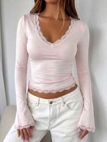 Women's Lace Patchwork Fitted Versatile Daily Wear Long Sleeve Top - Pink - View 5