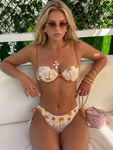Bikinx Women's Steel Hoop Tropical Print Tassel Tie Bikini Set, Suitable For Summer Beach Vacation - Multicolor - View 1