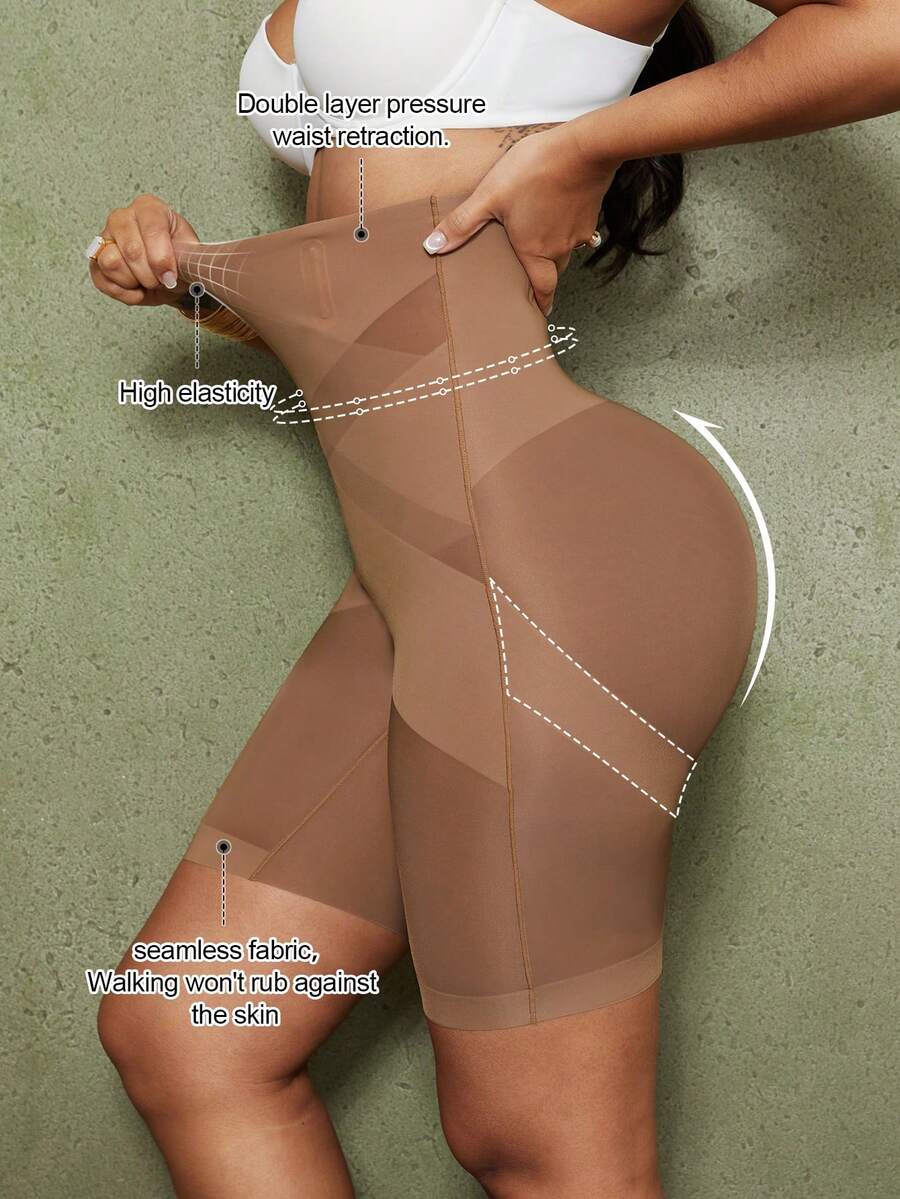 1pc Women's High Waist Criss-Cross Tummy Control Body Shaper Shapewear Bottom - Brown - View 1